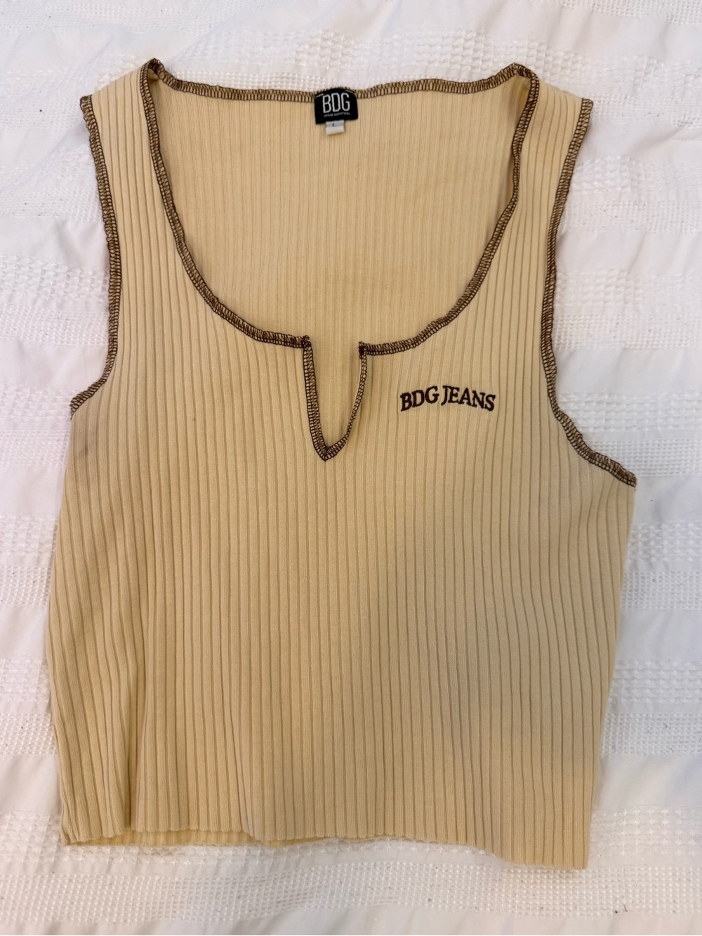 BDG Ribbed Tank Top in Cream with Brown Trim
